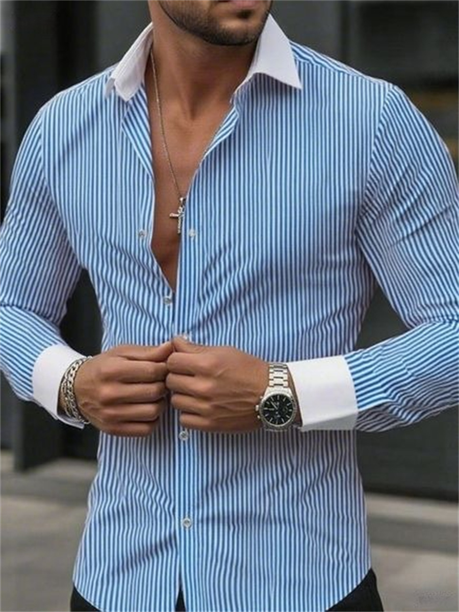 Men Formal Wear Shirts - Erkek dar kesim çizgili yaka uzun
