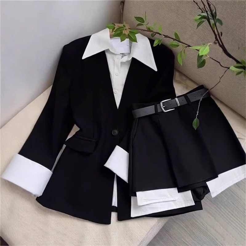 Double Breasted Blazer - Kadın İki Parçalı Etek Takımları Patchwork