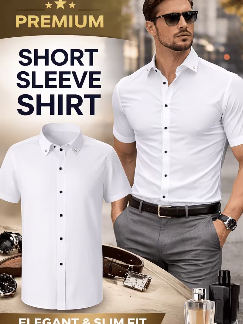 Men Formal Wear Shirts - Erkek Kısa Kollu Gömlek Düşük Yaka