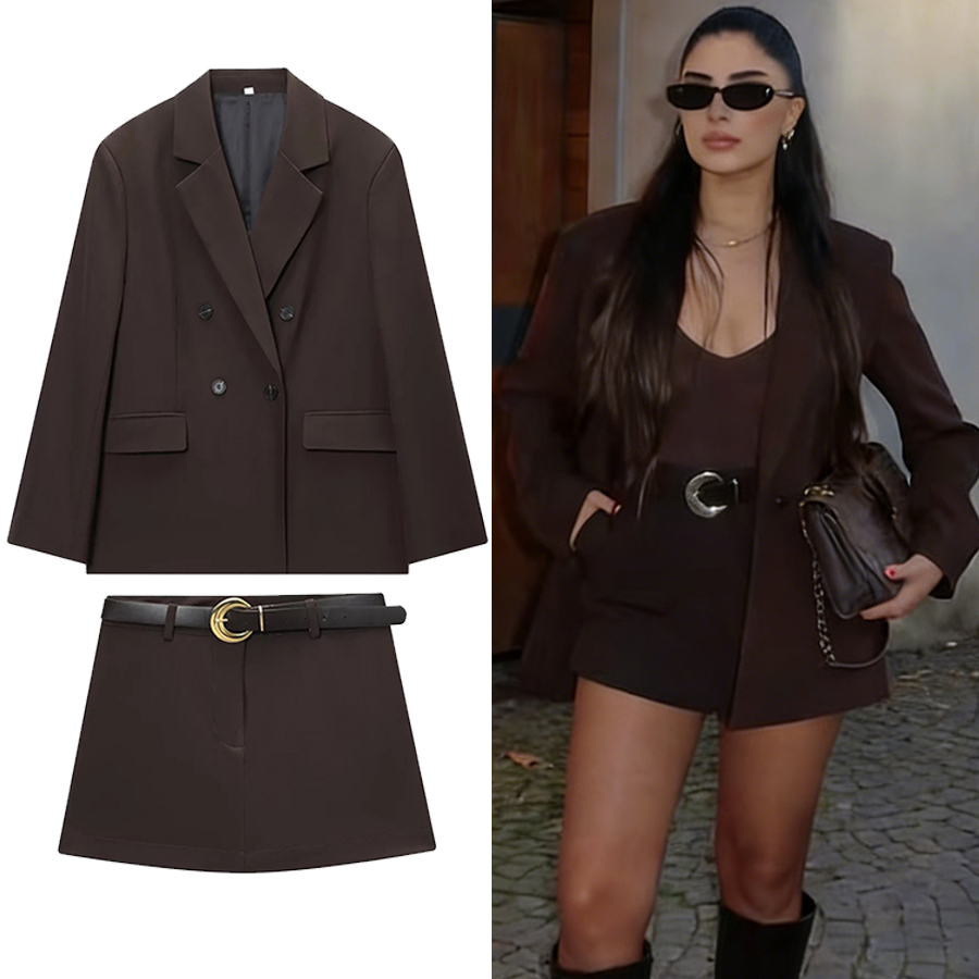 Double Breasted Blazer - ZOCI Kadın Ofis Çikolata Kahverengi Takım