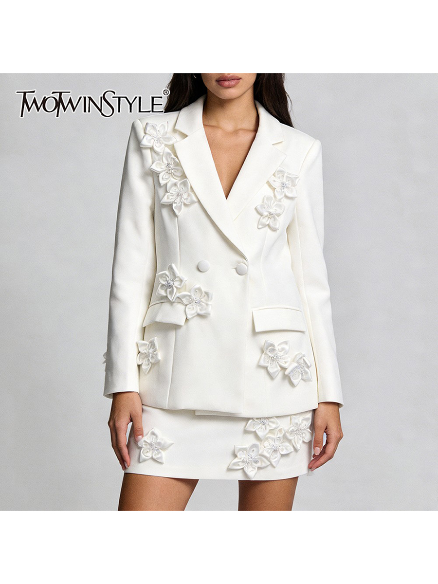Double Breasted Blazer - TWOTWINSTYLE Katı Eklenmiş 3D Çiçek Iki